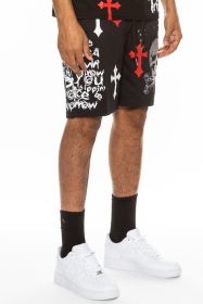 Weiv Mens Chrome Cross Skull Shorts (Color: BLACK RED, size: M)