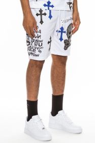 Weiv Mens Chrome Cross Skull Shorts (Color: WHITE BLUE, size: 3XL)